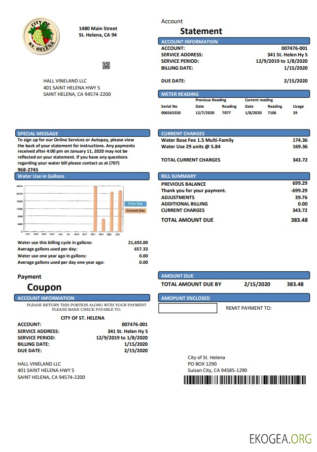 USA California City of St Helena utility bill template in Word and PDF format